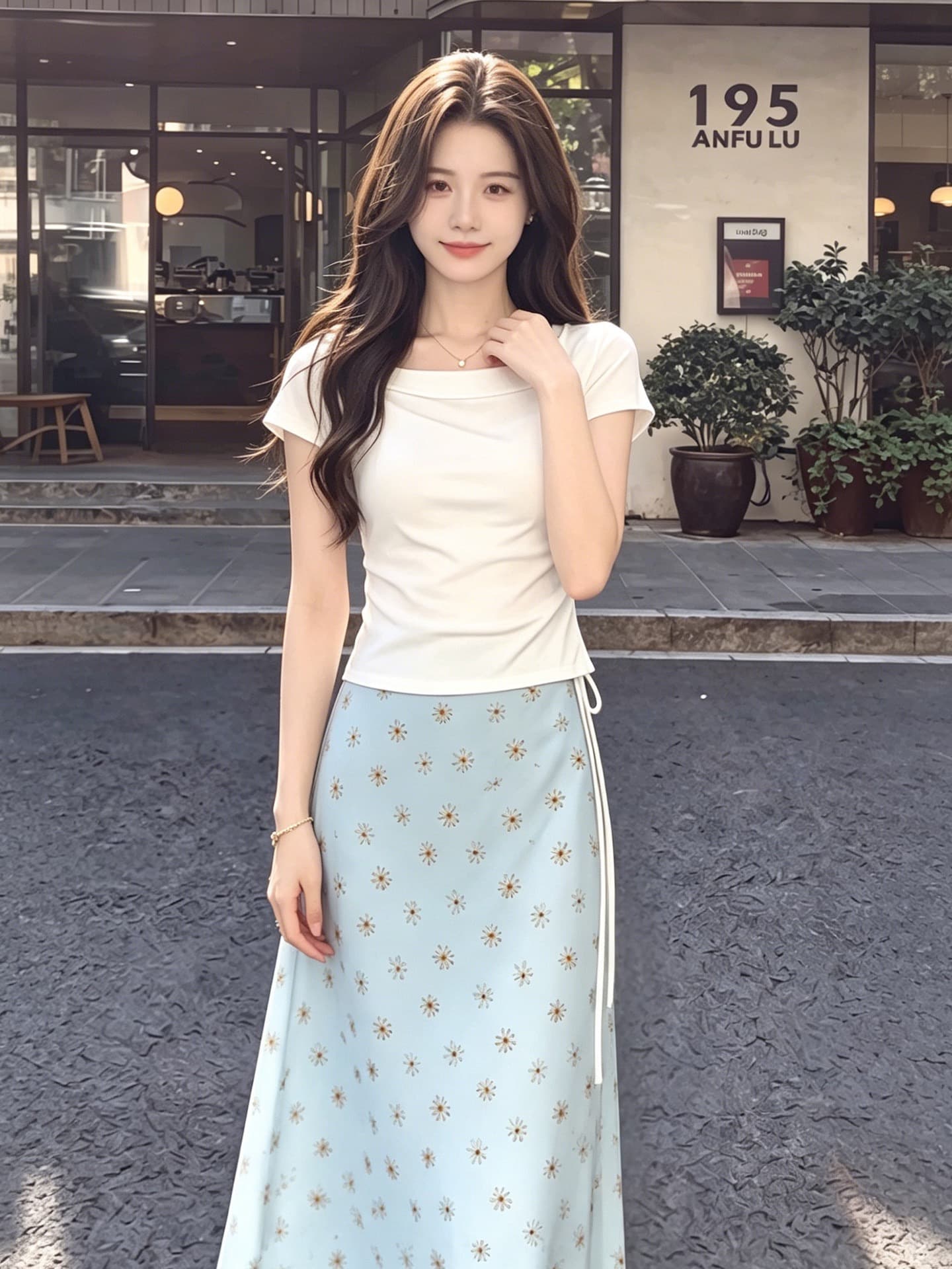 한 부서 디자인 센스 한 마디 인어 꼬리 여성 드레스 여름 새로운 비스듬한 어깨 불규칙 티셔츠 꽃무늬 반신 치마 세트 상세 이미지 2