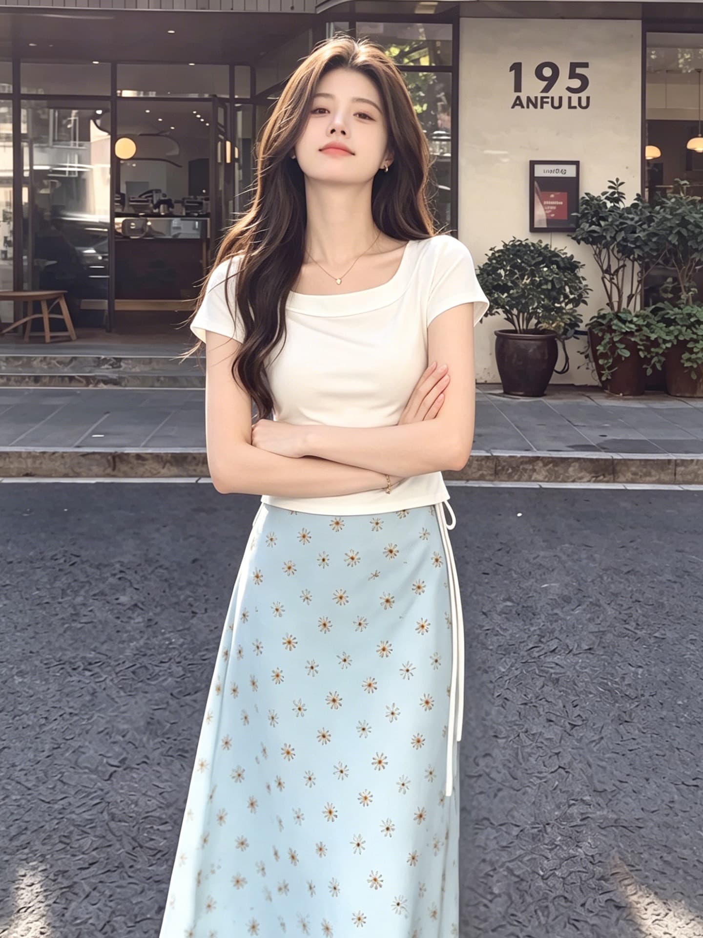 한 부서 디자인 센스 한 마디 인어 꼬리 여성 드레스 여름 새로운 비스듬한 어깨 불규칙 티셔츠 꽃무늬 반신 치마 세트 상세 이미지 7