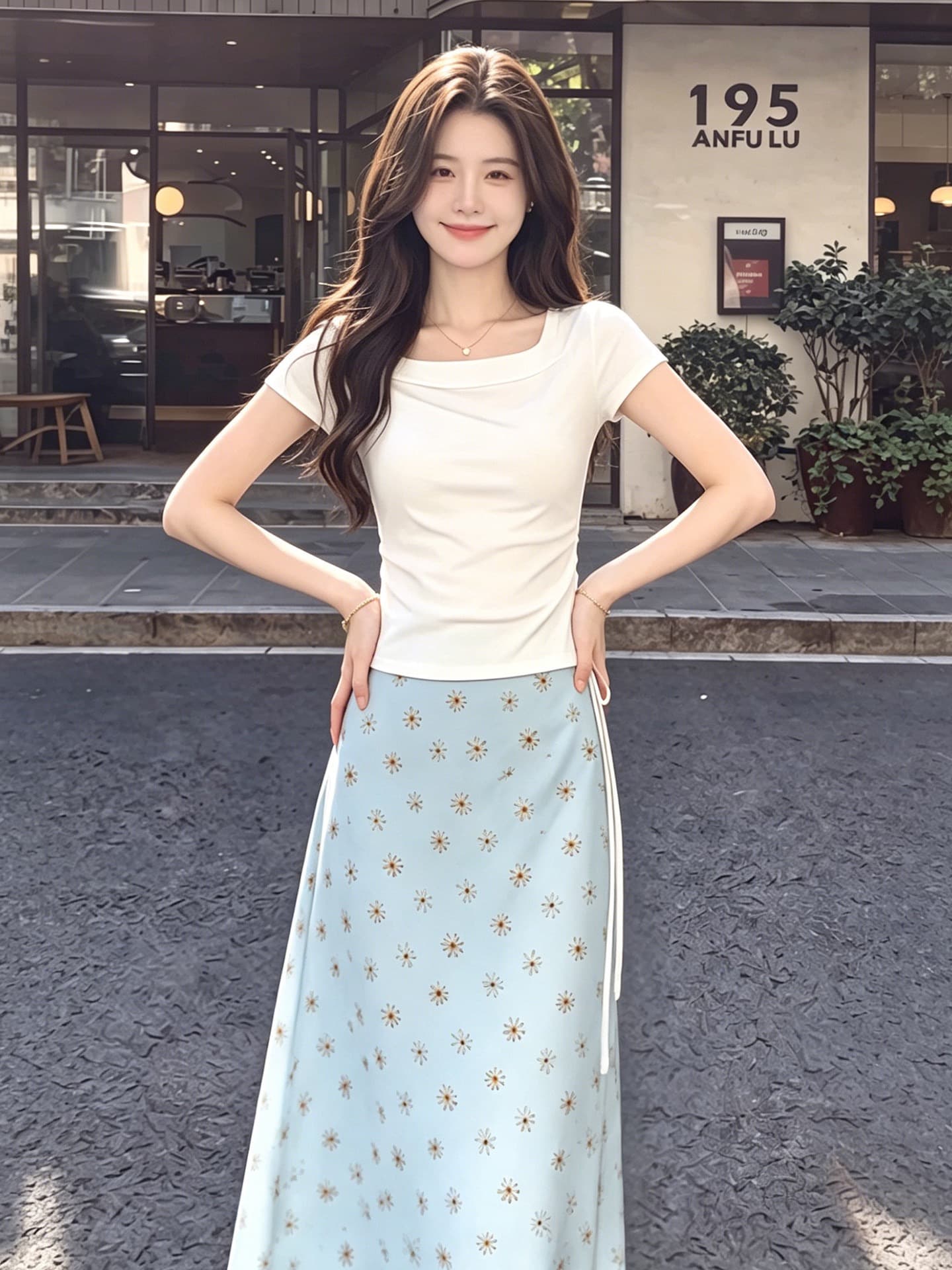 한 부서 디자인 센스 한 마디 인어 꼬리 여성 드레스 여름 새로운 비스듬한 어깨 불규칙 티셔츠 꽃무늬 반신 치마 세트 상세 이미지 8