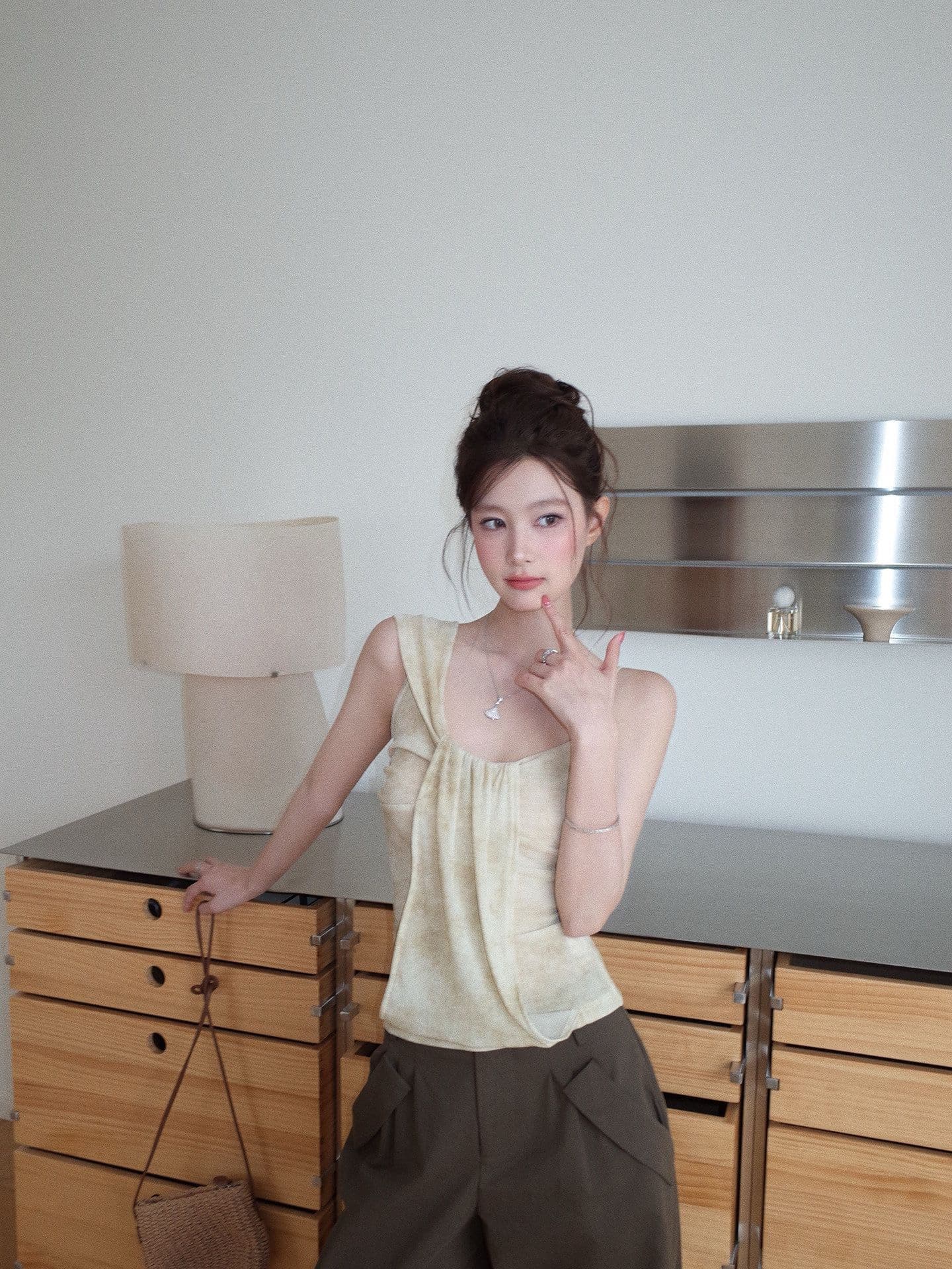 이중층 망사 주름 허리 수축 티셔츠 여성 여름 패션 디자인 센스 홀치기 염색 몸매 가꾸기 허리 수축 맨위 상세 이미지 18