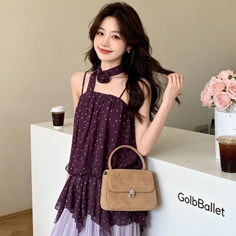 달콤한 핫걸 보라색 도트 무늬 캐미솔 여름 디자인 센스 프릴 허리 수축 슬림해 보이는 아름다운 행침 목 맨위 이미지 4