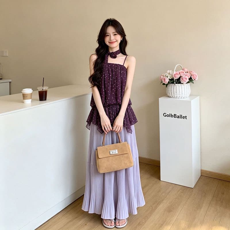달콤한 핫걸 보라색 도트 무늬 캐미솔 여름 디자인 센스 프릴 허리 수축 슬림해 보이는 아름다운 행침 목 맨위 이미지 3