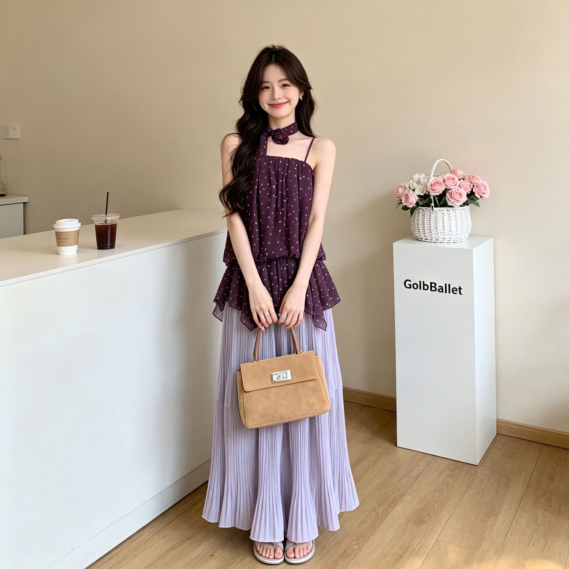 달콤한 핫걸 보라색 도트 무늬 캐미솔 여름 디자인 센스 프릴 허리 수축 슬림해 보이는 아름다운 행침 목 맨위 상세 이미지 2