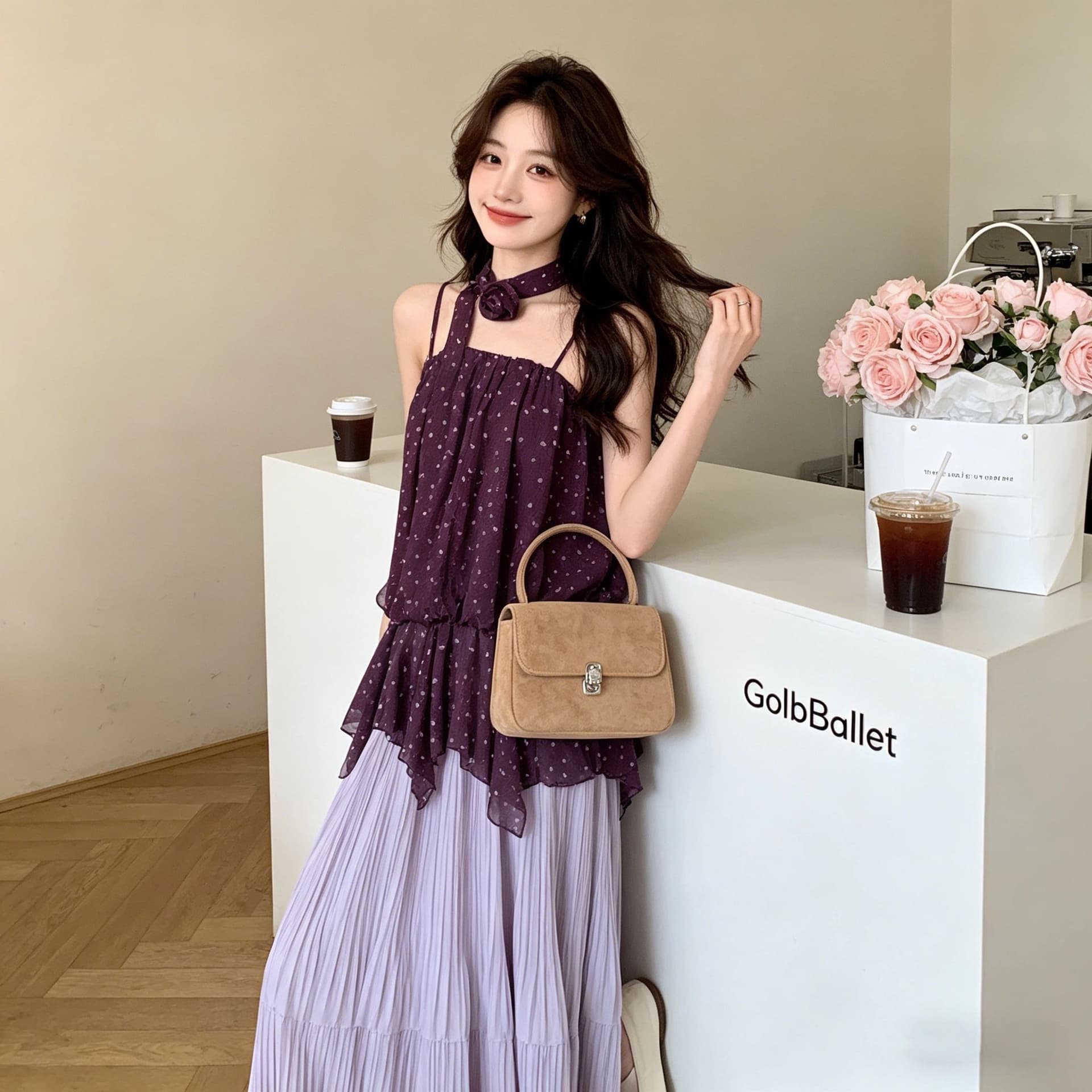 달콤한 핫걸 보라색 도트 무늬 캐미솔 여름 디자인 센스 프릴 허리 수축 슬림해 보이는 아름다운 행침 목 맨위 상세 이미지 6