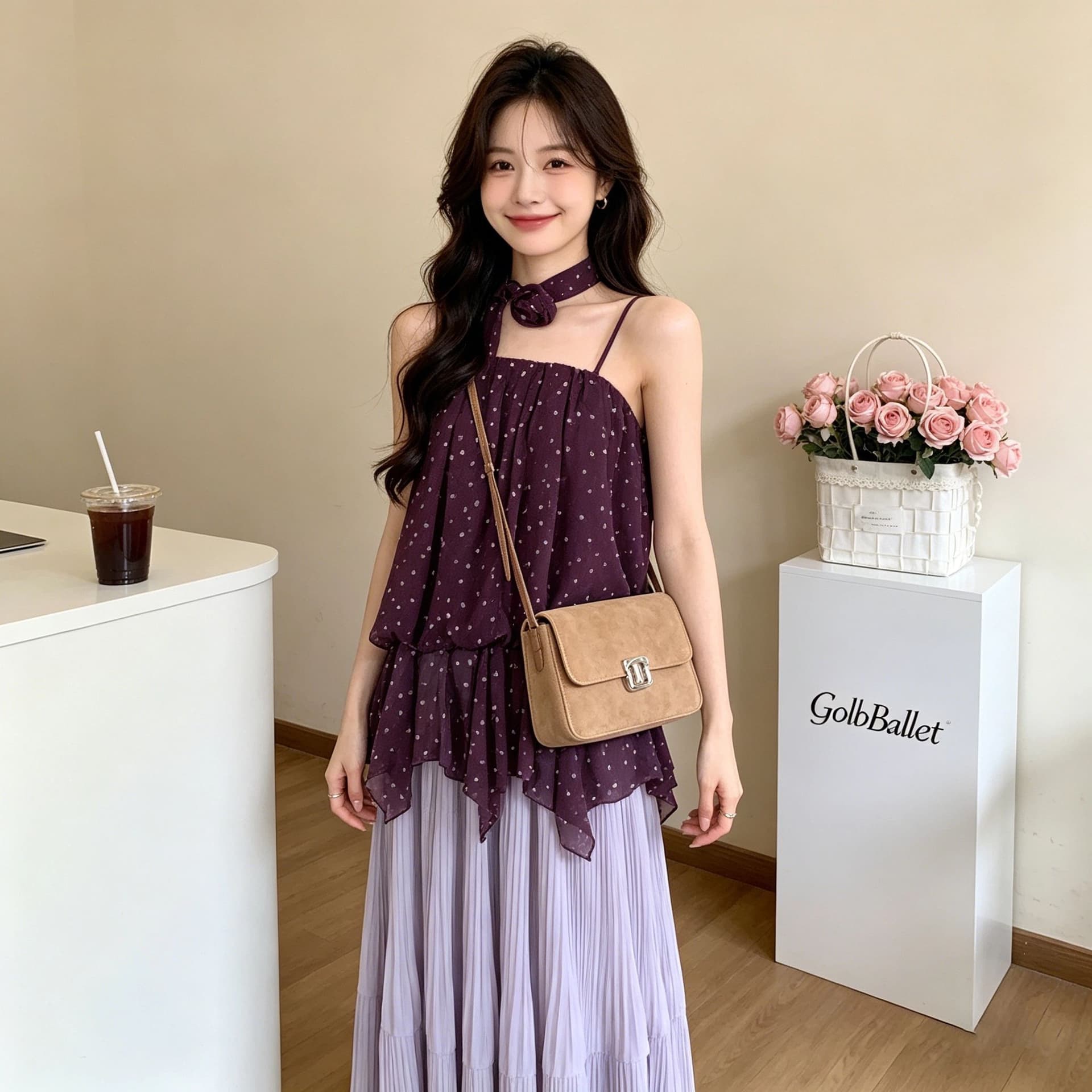 달콤한 핫걸 보라색 도트 무늬 캐미솔 여름 디자인 센스 프릴 허리 수축 슬림해 보이는 아름다운 행침 목 맨위 상세 이미지 7