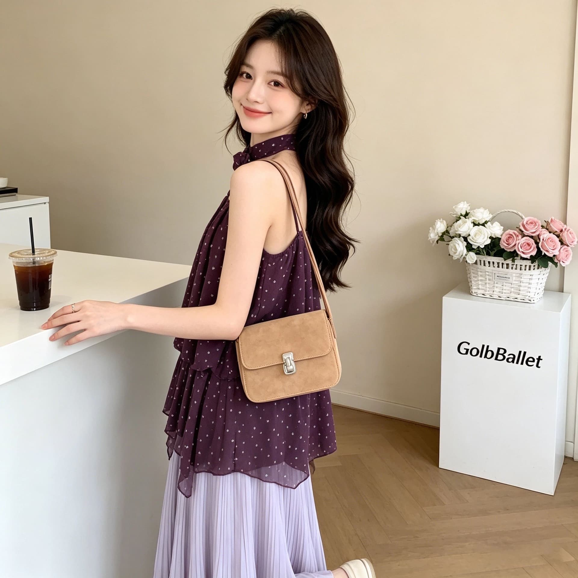 달콤한 핫걸 보라색 도트 무늬 캐미솔 여름 디자인 센스 프릴 허리 수축 슬림해 보이는 아름다운 행침 목 맨위 상세 이미지 8