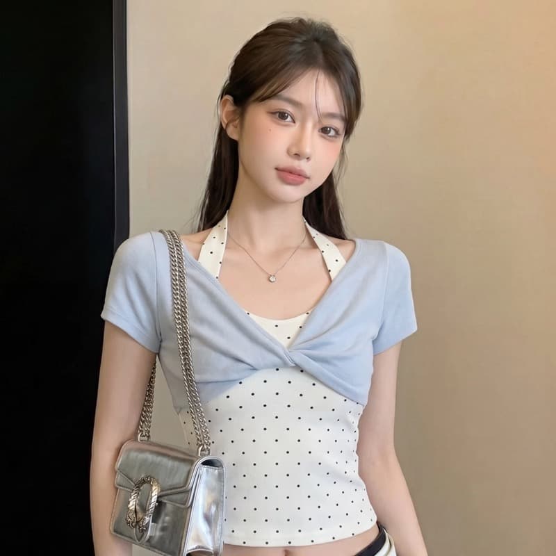 40 순면 한 부서 행침 목 페이크 레이어드 도트 무늬 티셔츠 여성 여름 섹션 달콤한 핫걸 Chic 비틀림 디스플레이 얇고 작은 맨위 이미지 3