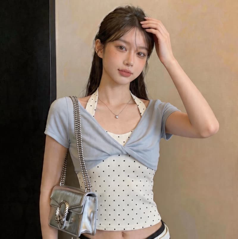 40 순면 한 부서 행침 목 페이크 레이어드 도트 무늬 티셔츠 여성 여름 섹션 달콤한 핫걸 Chic 비틀림 디스플레이 얇고 작은 맨위 이미지 2