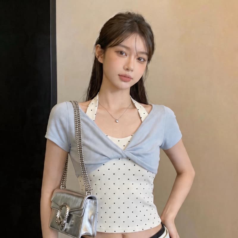 40 순면 한 부서 행침 목 페이크 레이어드 도트 무늬 티셔츠 여성 여름 섹션 달콤한 핫걸 Chic 비틀림 디스플레이 얇고 작은 맨위