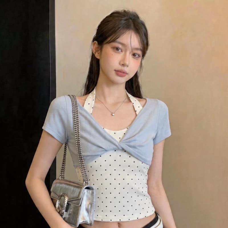 40 순면 한 부서 행침 목 페이크 레이어드 도트 무늬 티셔츠 여성 여름 섹션 달콤한 핫걸 Chic 비틀림 디스플레이 얇고 작은 맨위 이미지 5
