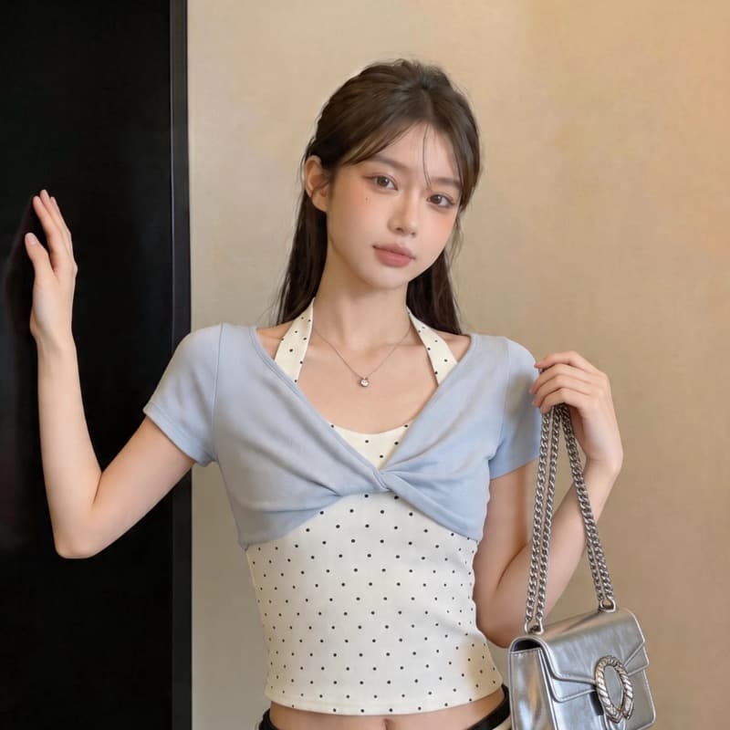40 순면 한 부서 행침 목 페이크 레이어드 도트 무늬 티셔츠 여성 여름 섹션 달콤한 핫걸 Chic 비틀림 디스플레이 얇고 작은 맨위 상세 이미지 4