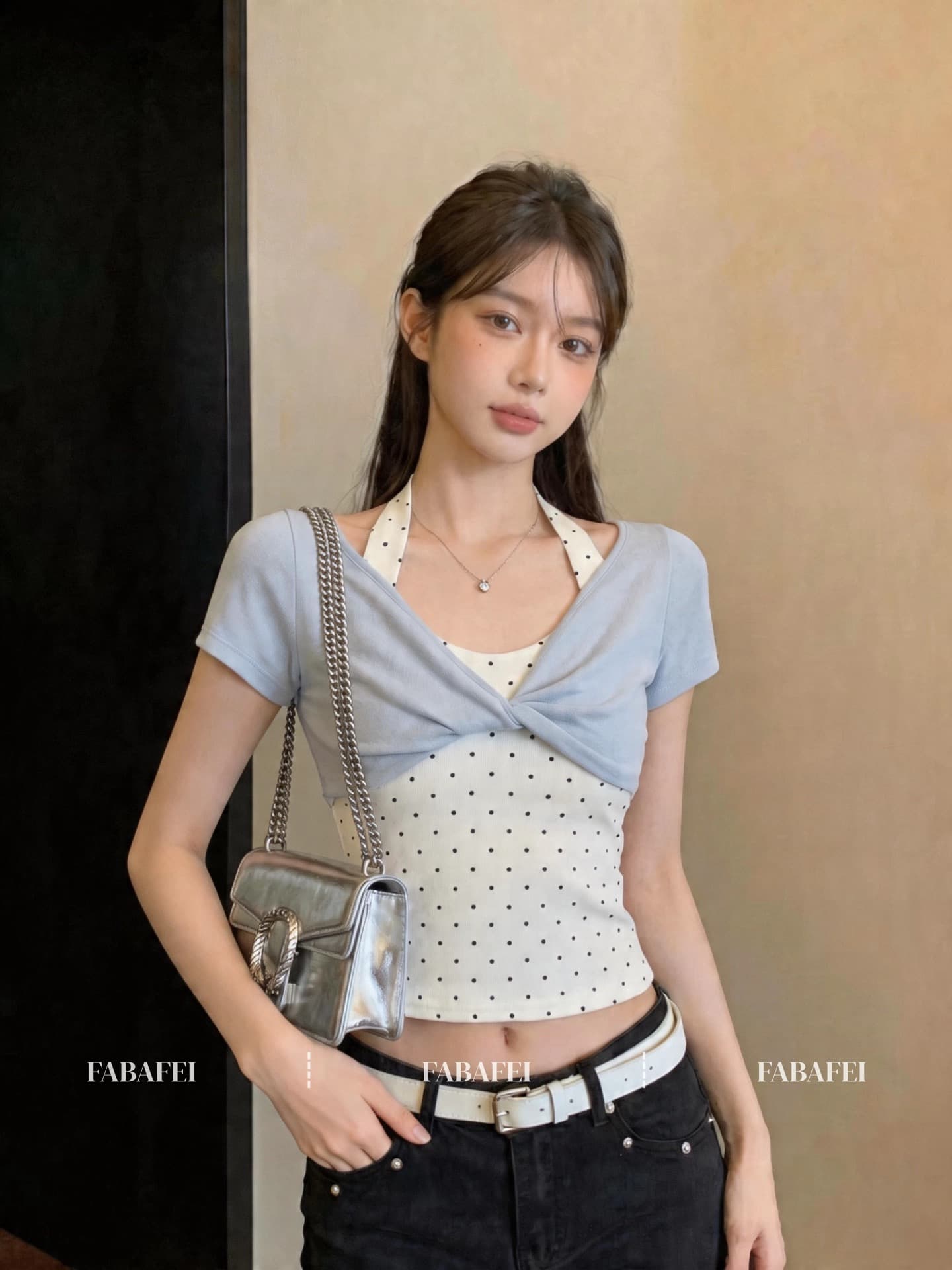 40 순면 한 부서 행침 목 페이크 레이어드 도트 무늬 티셔츠 여성 여름 섹션 달콤한 핫걸 Chic 비틀림 디스플레이 얇고 작은 맨위 상세 이미지 6