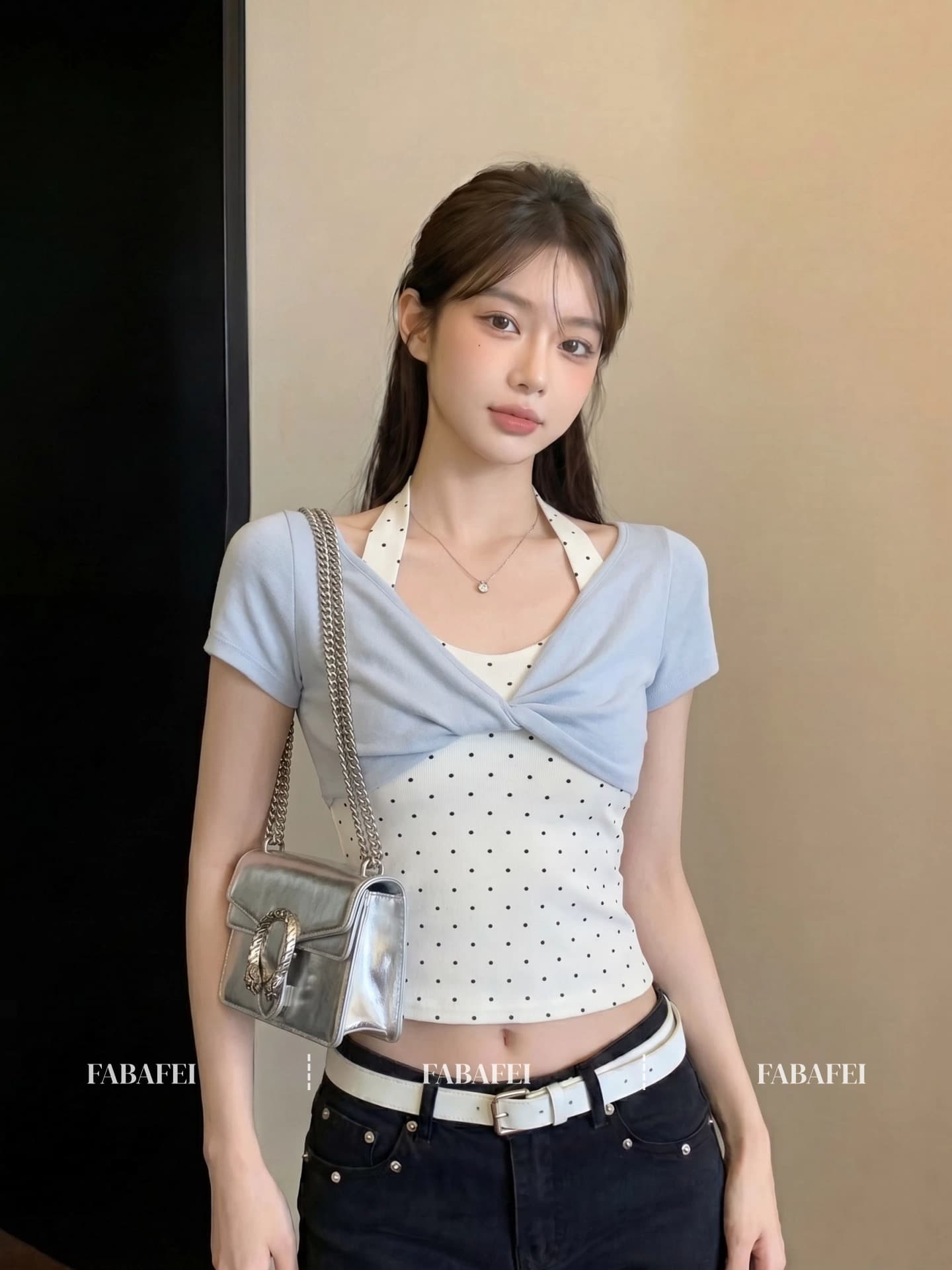 40 순면 한 부서 행침 목 페이크 레이어드 도트 무늬 티셔츠 여성 여름 섹션 달콤한 핫걸 Chic 비틀림 디스플레이 얇고 작은 맨위 상세 이미지 7