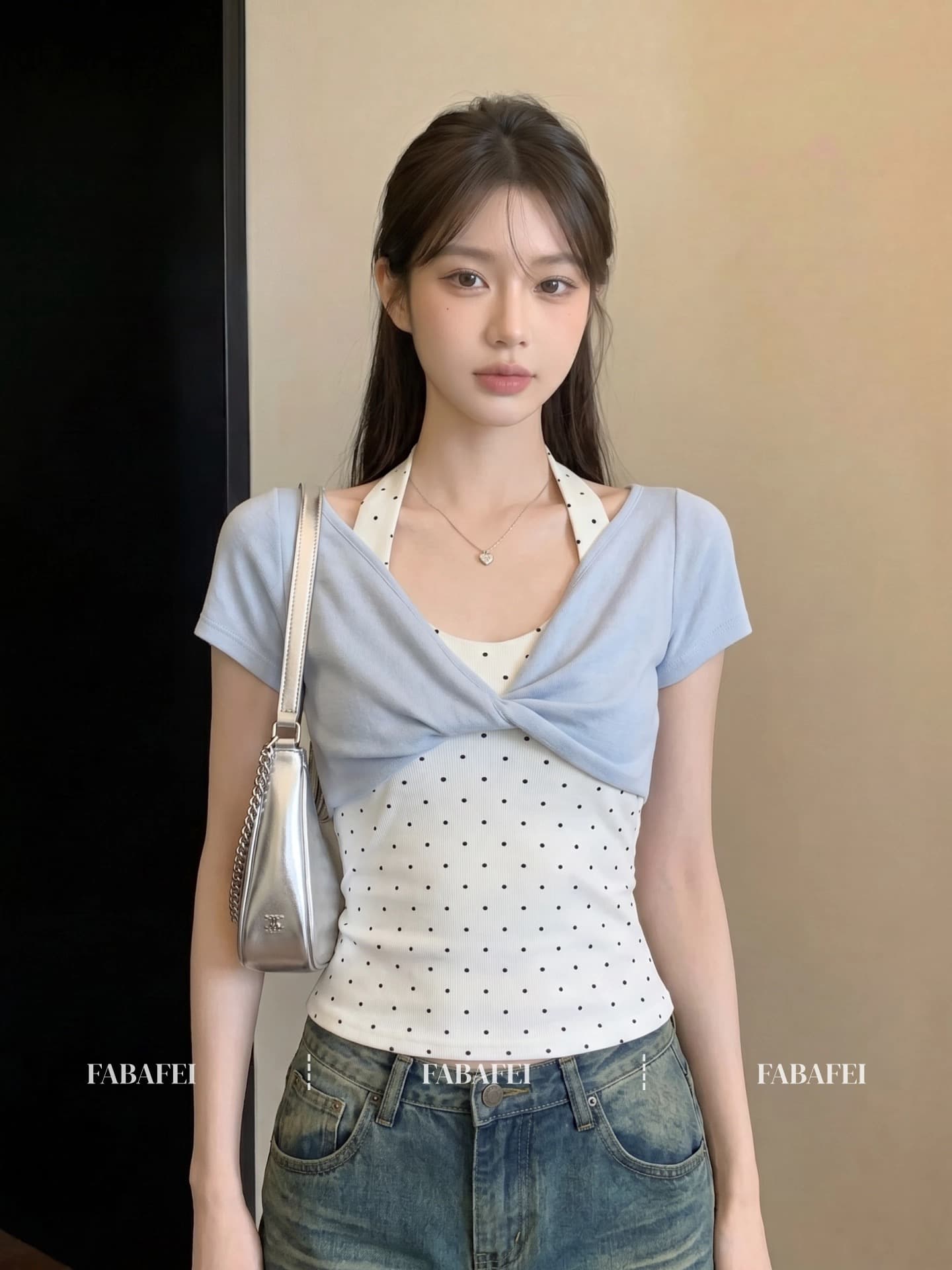 40 순면 한 부서 행침 목 페이크 레이어드 도트 무늬 티셔츠 여성 여름 섹션 달콤한 핫걸 Chic 비틀림 디스플레이 얇고 작은 맨위 상세 이미지 8