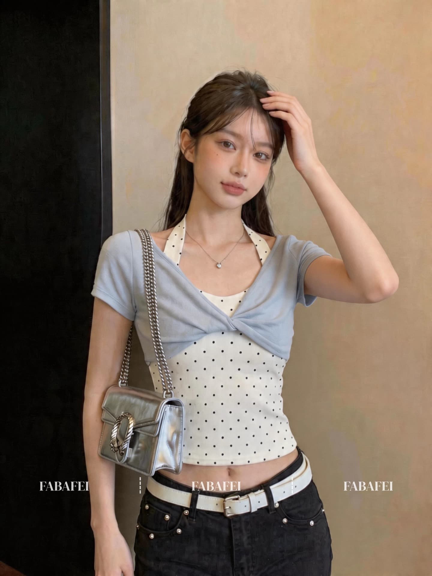 40 순면 한 부서 행침 목 페이크 레이어드 도트 무늬 티셔츠 여성 여름 섹션 달콤한 핫걸 Chic 비틀림 디스플레이 얇고 작은 맨위 상세 이미지 9