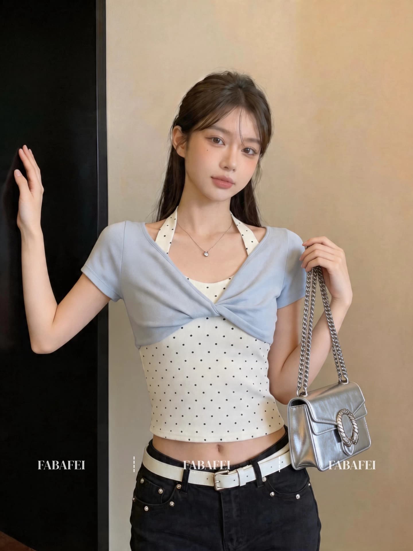 40 순면 한 부서 행침 목 페이크 레이어드 도트 무늬 티셔츠 여성 여름 섹션 달콤한 핫걸 Chic 비틀림 디스플레이 얇고 작은 맨위 상세 이미지 10