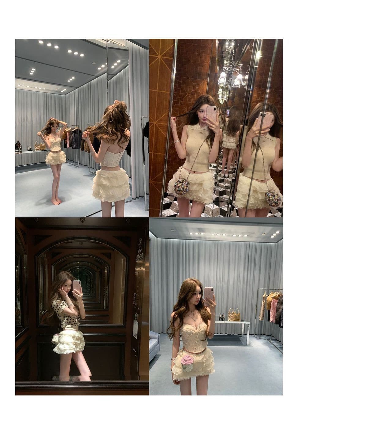 2026 봄 가을 새로운 다용도 품격 달콤한 부서 소녀 레이스 퍼프 계층의 감각 쌀 살구 색상 패치워크 반신 스커트 여성 상세 이미지 8