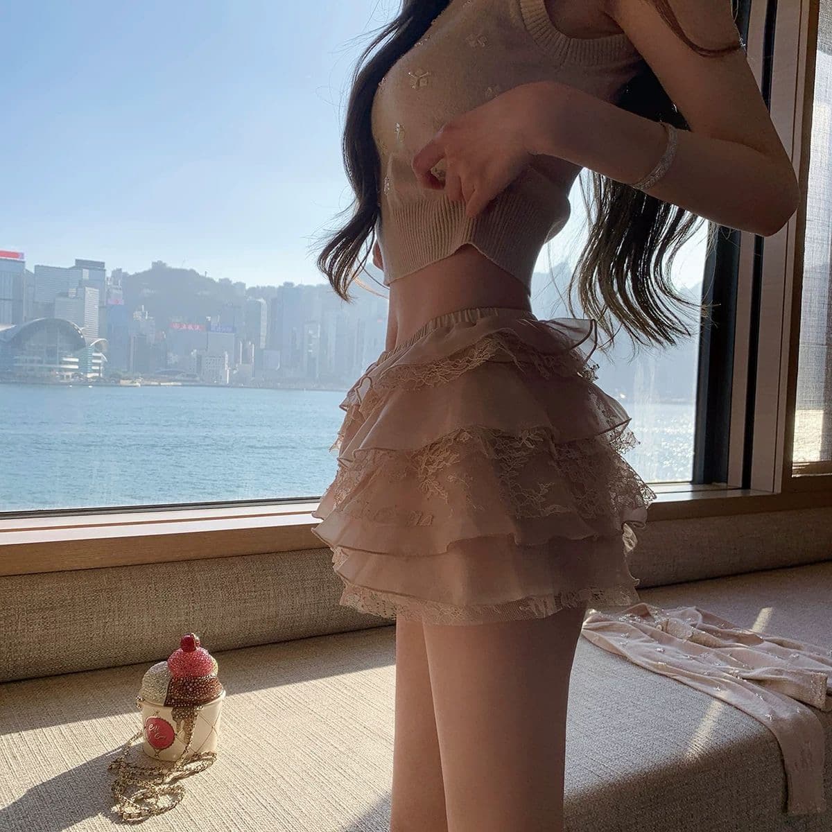 2026 봄 가을 새로운 다용도 품격 달콤한 부서 소녀 레이스 퍼프 계층의 감각 쌀 살구 색상 패치워크 반신 스커트 여성 상세 이미지 10