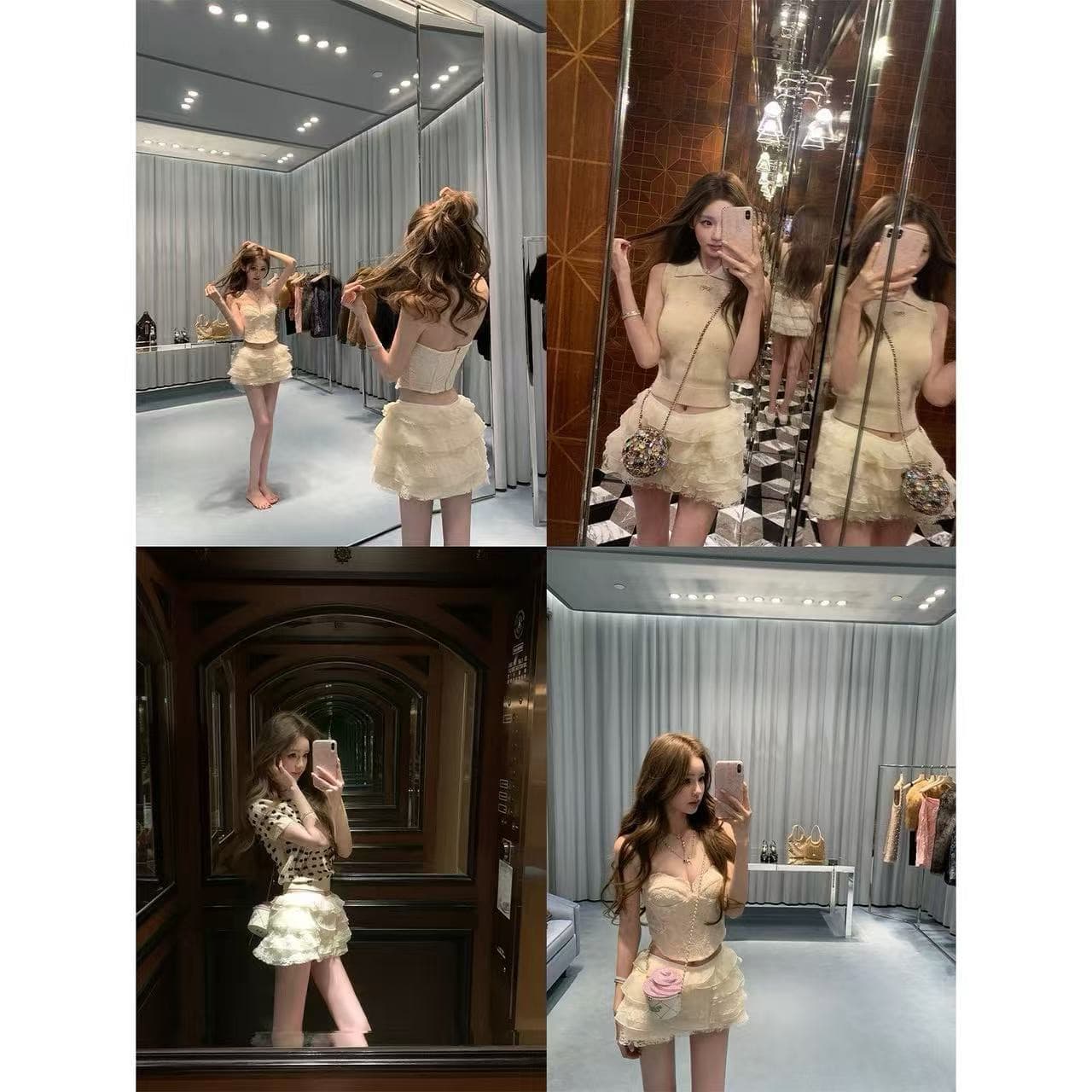 2026 봄 가을 새로운 다용도 품격 달콤한 부서 소녀 레이스 퍼프 계층의 감각 쌀 살구 색상 패치워크 반신 스커트 여성 상세 이미지 29