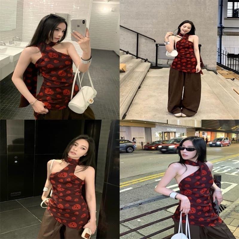 핫걸 레트로 해골 행침 목 슬립 맨위 여성 상세 이미지 2