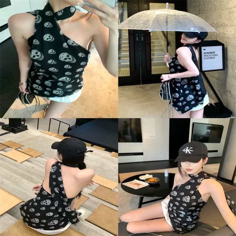 핫걸 레트로 해골 행침 목 슬립 맨위 여성 상세 이미지 5