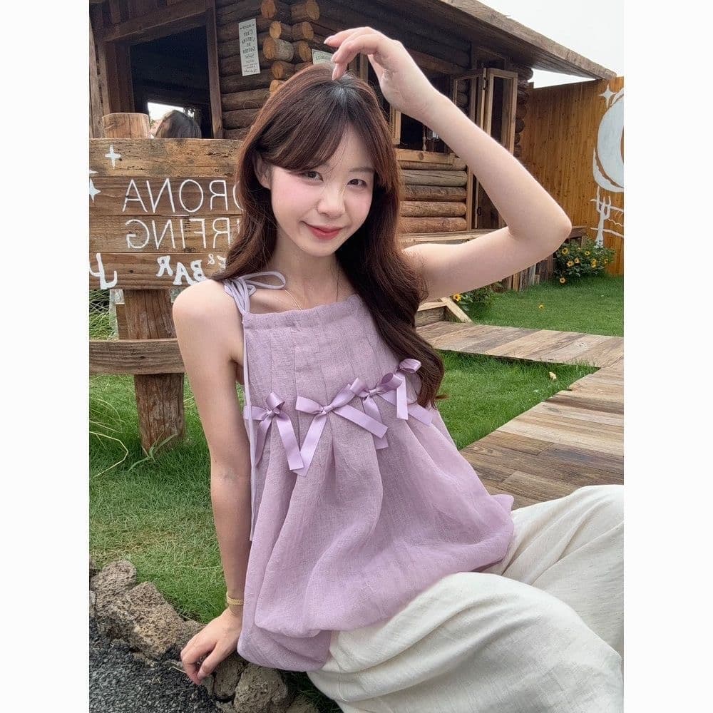 도파민 달콤함 나비 매듭 꽃밭 캐미솔 여름 한 부서 부드러운 디자인 센스 Chic 퍼프 맨위 상세 이미지 3