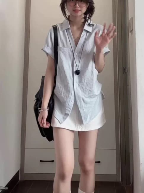 한 부서 느긋한 바람 V넥 핀치 Pleat 꼬집기 허리 반팔 여성 셔츠 여름 외출용 얇은 스타일 허리 수축 셔츠 품격 맨위 상세 이미지 6