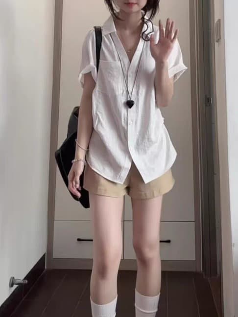 한 부서 느긋한 바람 V넥 핀치 Pleat 꼬집기 허리 반팔 여성 셔츠 여름 외출용 얇은 스타일 허리 수축 셔츠 품격 맨위 상세 이미지 9