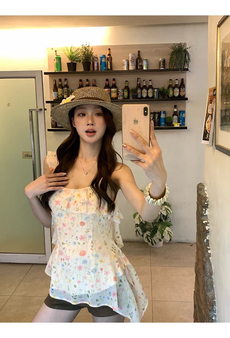 레드 맨 파빌리온 캐미솔 여름 외출용 2026 슈퍼 화재 연령 감소 황색 프랑스식 디자인 센스 꽃무늬 민소매 맨위 상세 이미지 8