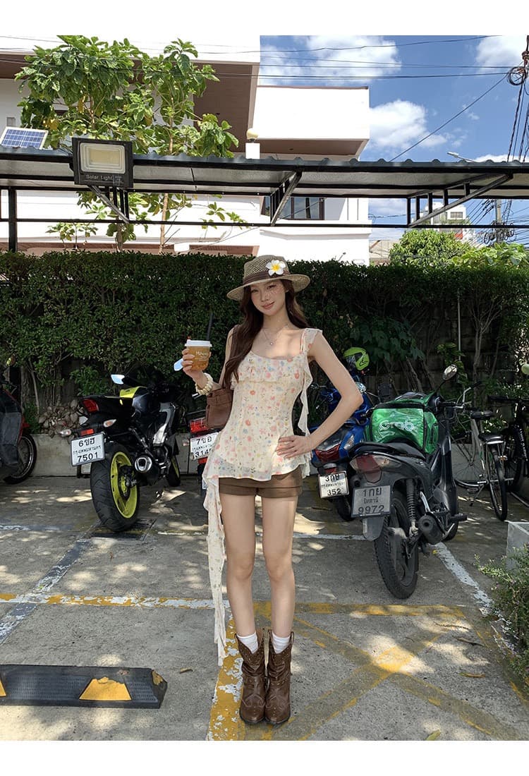 레드 맨 파빌리온 캐미솔 여름 외출용 2026 슈퍼 화재 연령 감소 황색 프랑스식 디자인 센스 꽃무늬 민소매 맨위 상세 이미지 9