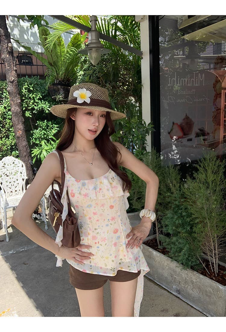 레드 맨 파빌리온 캐미솔 여름 외출용 2026 슈퍼 화재 연령 감소 황색 프랑스식 디자인 센스 꽃무늬 민소매 맨위 상세 이미지 11