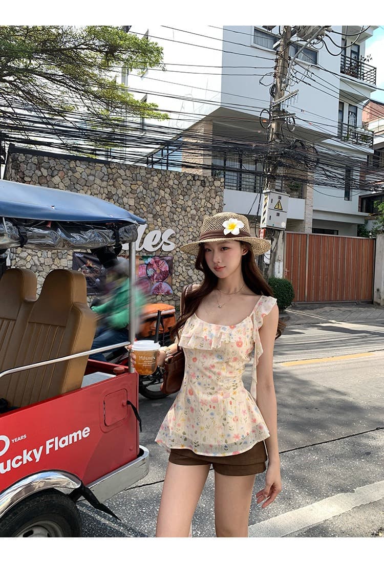레드 맨 파빌리온 캐미솔 여름 외출용 2026 슈퍼 화재 연령 감소 황색 프랑스식 디자인 센스 꽃무늬 민소매 맨위 상세 이미지 12