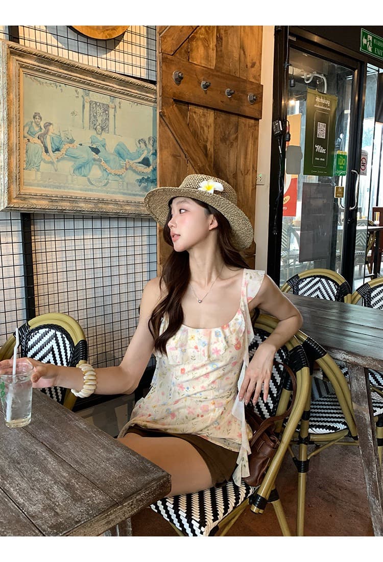 레드 맨 파빌리온 캐미솔 여름 외출용 2026 슈퍼 화재 연령 감소 황색 프랑스식 디자인 센스 꽃무늬 민소매 맨위 상세 이미지 14