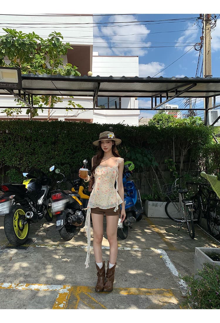 레드 맨 파빌리온 캐미솔 여름 외출용 2026 슈퍼 화재 연령 감소 황색 프랑스식 디자인 센스 꽃무늬 민소매 맨위 상세 이미지 16