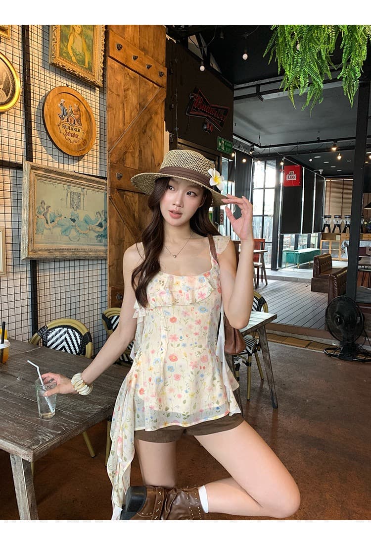 레드 맨 파빌리온 캐미솔 여름 외출용 2026 슈퍼 화재 연령 감소 황색 프랑스식 디자인 센스 꽃무늬 민소매 맨위 상세 이미지 19