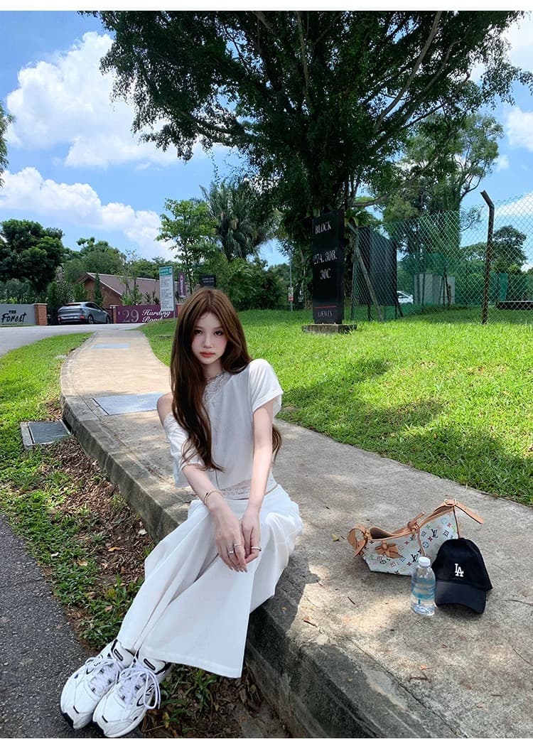 여름 새로운 레이스 조각 비스듬한 어깨 반팔 티셔츠 여성 디자인 센스 허리 수축 슬림해 보이는 핫걸 다용도 쇼트 스타일 맨위 상세 이미지 10