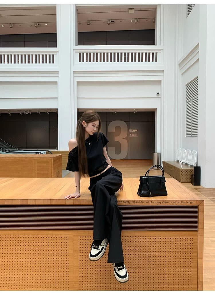 여름 새로운 레이스 조각 비스듬한 어깨 반팔 티셔츠 여성 디자인 센스 허리 수축 슬림해 보이는 핫걸 다용도 쇼트 스타일 맨위 상세 이미지 18