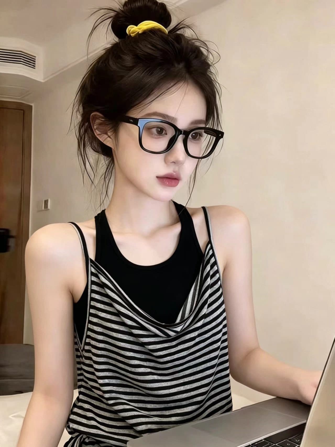 주간 실크 눈꽃 스트라이프 사람들 면 투피스 조끼 배색 스트라이프 여성 여름 느긋한 캐주얼 이미지 4