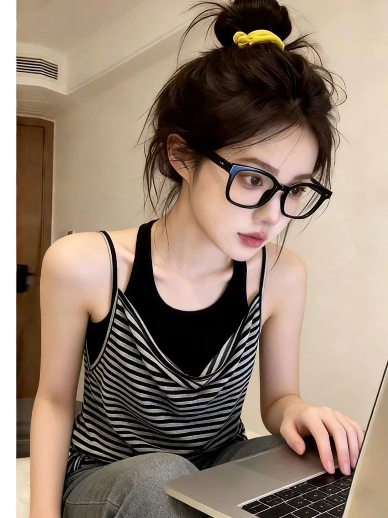 주간 실크 눈꽃 스트라이프 사람들 면 투피스 조끼 배색 스트라이프 여성 여름 느긋한 캐주얼 상세 이미지 7