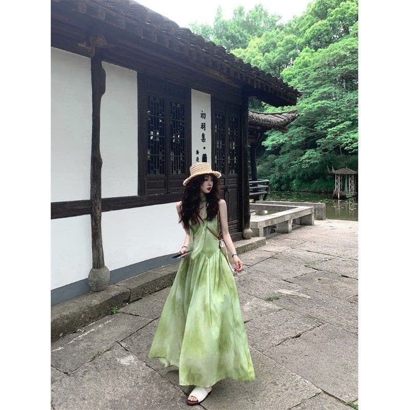 해변가 휴가 바람 작은 대중 Chic 홀치기 염색 슬립 여성 드레스 여름 녹색 신선함 품격 빅 플레어 스커트 롱 스커트 이미지 4
