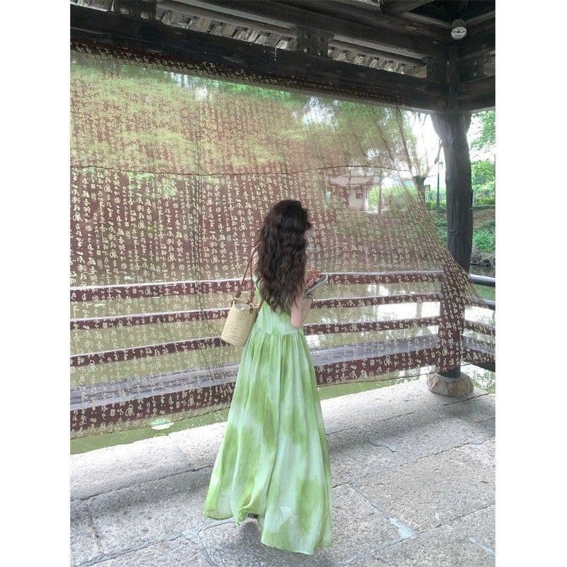 해변가 휴가 바람 작은 대중 Chic 홀치기 염색 슬립 여성 드레스 여름 녹색 신선함 품격 빅 플레어 스커트 롱 스커트 이미지 2