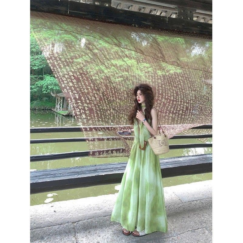 해변가 휴가 바람 작은 대중 Chic 홀치기 염색 슬립 여성 드레스 여름 녹색 신선함 품격 빅 플레어 스커트 롱 스커트 이미지 3