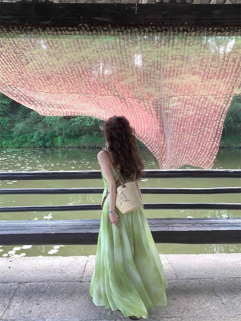 해변가 휴가 바람 작은 대중 Chic 홀치기 염색 슬립 여성 드레스 여름 녹색 신선함 품격 빅 플레어 스커트 롱 스커트 상세 이미지 6