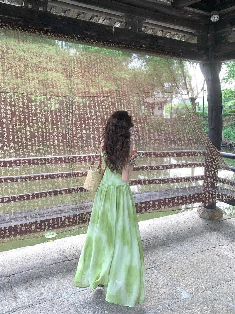해변가 휴가 바람 작은 대중 Chic 홀치기 염색 슬립 여성 드레스 여름 녹색 신선함 품격 빅 플레어 스커트 롱 스커트 상세 이미지 8