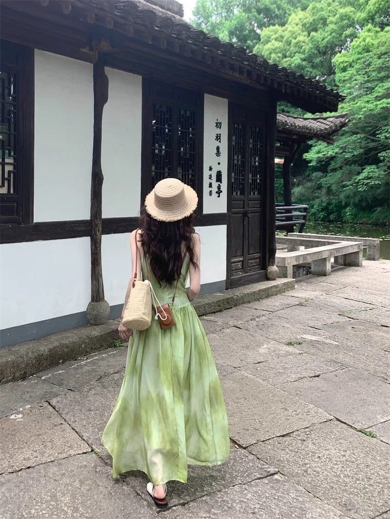 해변가 휴가 바람 작은 대중 Chic 홀치기 염색 슬립 여성 드레스 여름 녹색 신선함 품격 빅 플레어 스커트 롱 스커트 상세 이미지 9