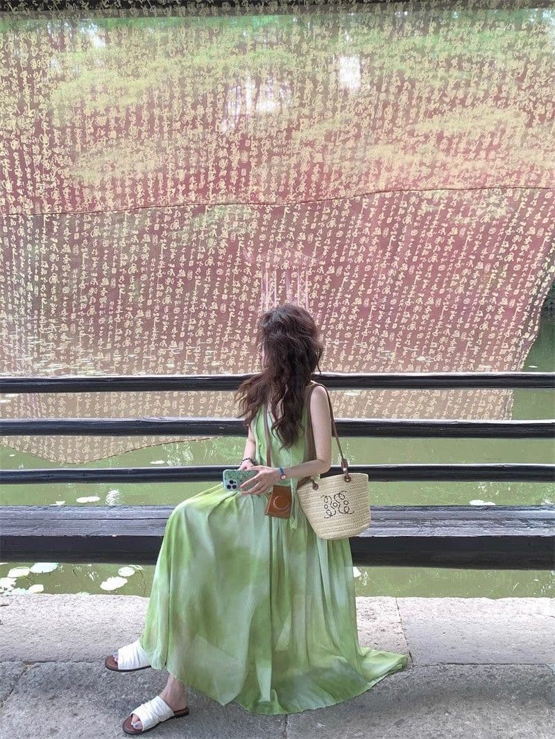 해변가 휴가 바람 작은 대중 Chic 홀치기 염색 슬립 여성 드레스 여름 녹색 신선함 품격 빅 플레어 스커트 롱 스커트 상세 이미지 10