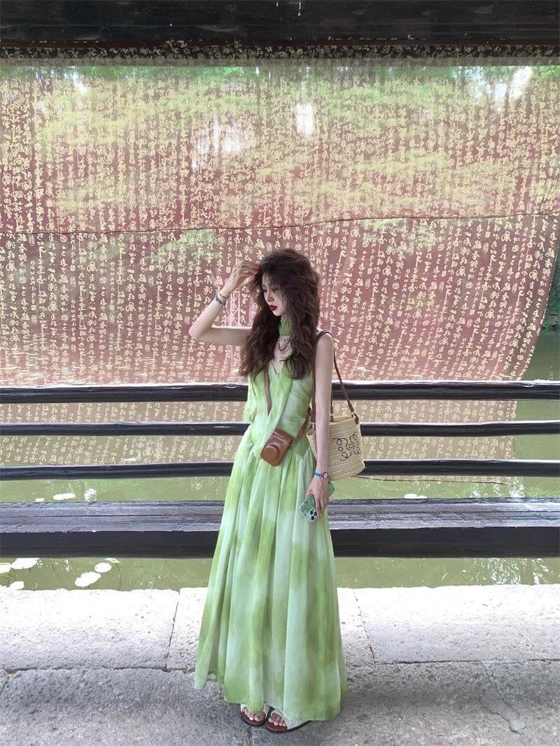 해변가 휴가 바람 작은 대중 Chic 홀치기 염색 슬립 여성 드레스 여름 녹색 신선함 품격 빅 플레어 스커트 롱 스커트 상세 이미지 11