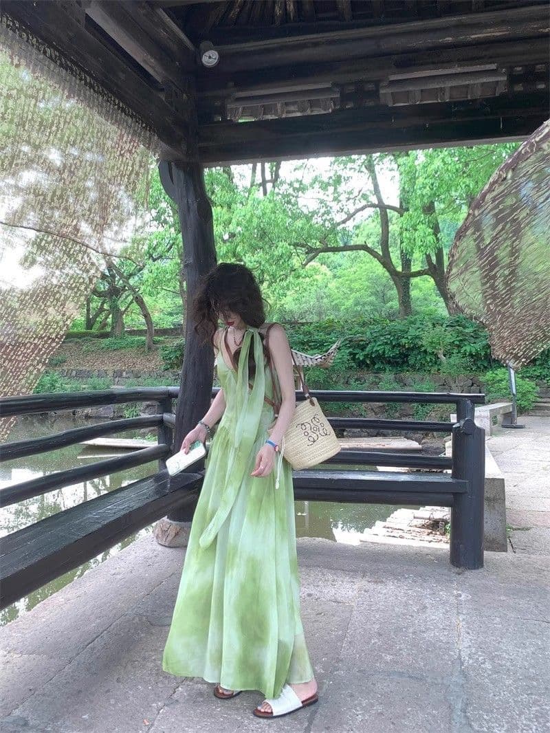 해변가 휴가 바람 작은 대중 Chic 홀치기 염색 슬립 여성 드레스 여름 녹색 신선함 품격 빅 플레어 스커트 롱 스커트 상세 이미지 12