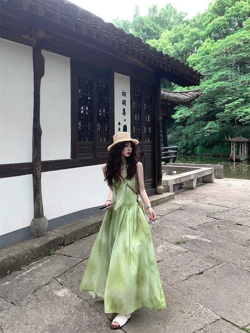 해변가 휴가 바람 작은 대중 Chic 홀치기 염색 슬립 여성 드레스 여름 녹색 신선함 품격 빅 플레어 스커트 롱 스커트 상세 이미지 13