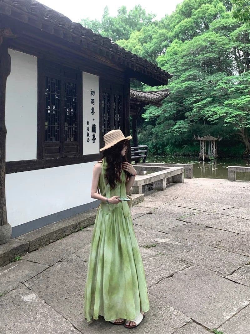 해변가 휴가 바람 작은 대중 Chic 홀치기 염색 슬립 여성 드레스 여름 녹색 신선함 품격 빅 플레어 스커트 롱 스커트 상세 이미지 14